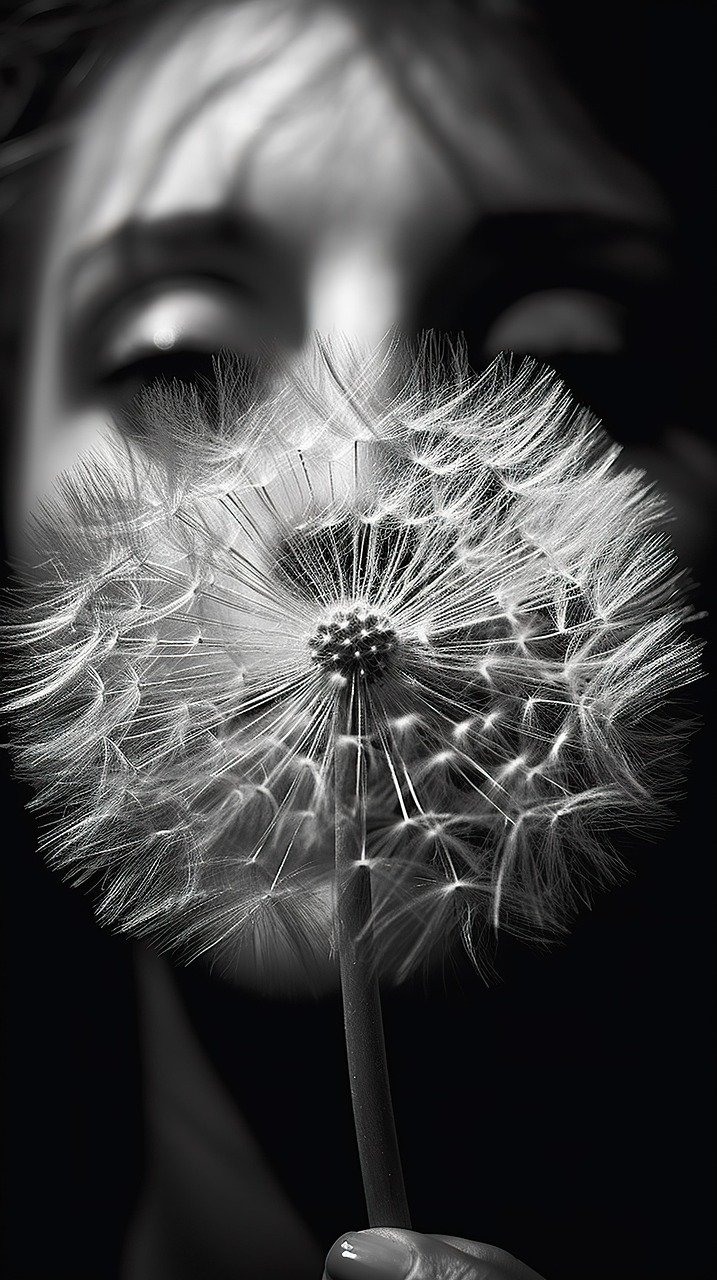 woman, flower background, dandelion, portrait, girl, black and white, flower, close up, flower wallpaper, beautiful flowers, nature